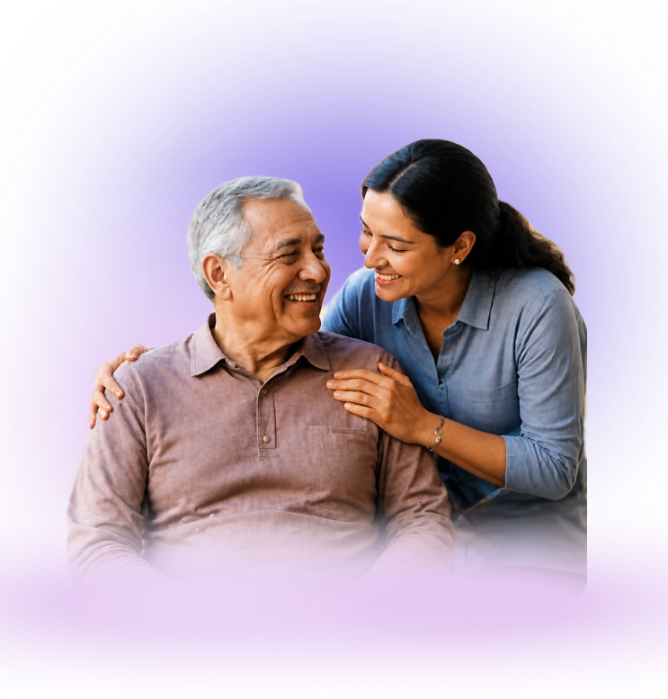 An elderly couple embracing, looking ahead together