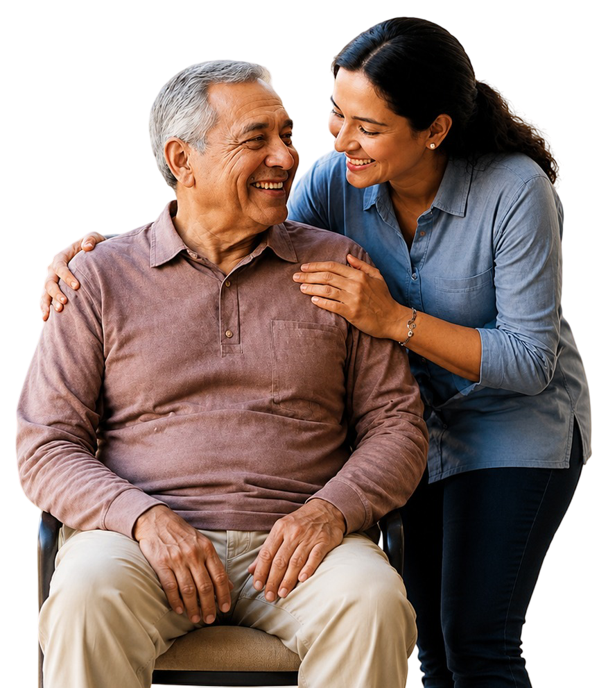 An elderly couple embracing, looking ahead together